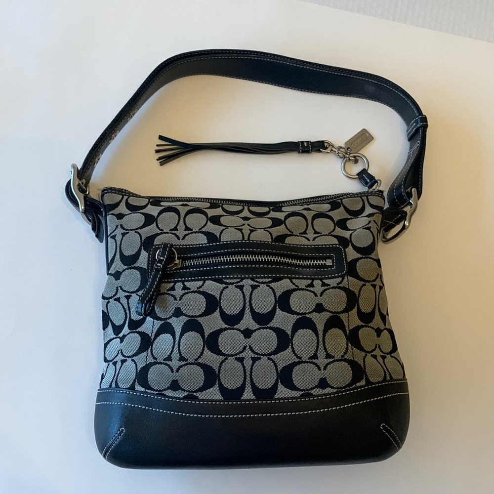 COACH Black/Gray Signature Monogram Canvas & Leather Shoulder Bag